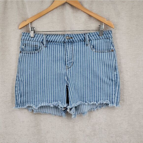 Judy Blue Striped Blue Denim Women Shorts Stretchy Raw Hem - Picture 1 of 10